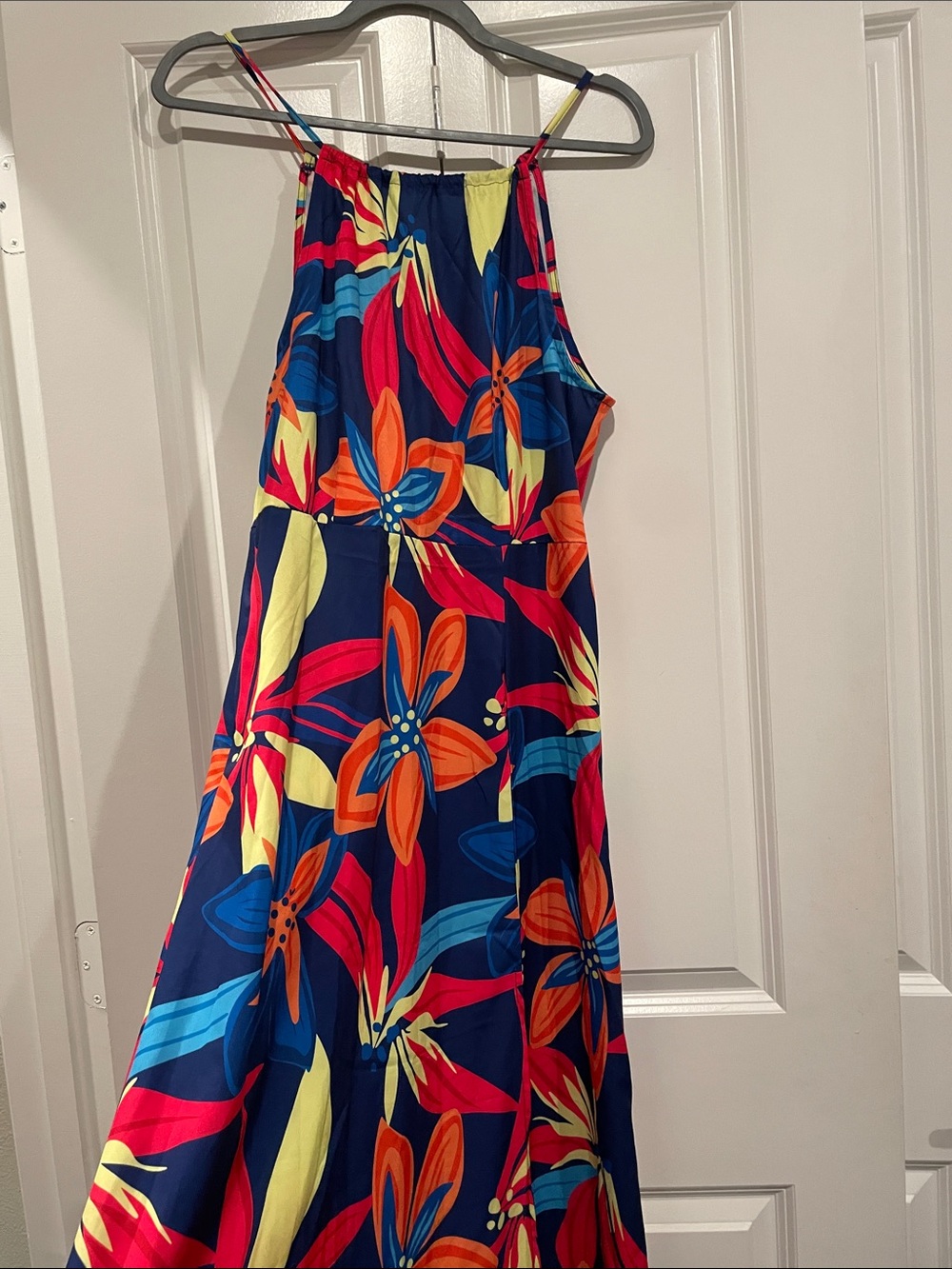 SHEIN Navy Halter Maxi Dress with Bright Orange, Red, Yellow & Blue Floral Print